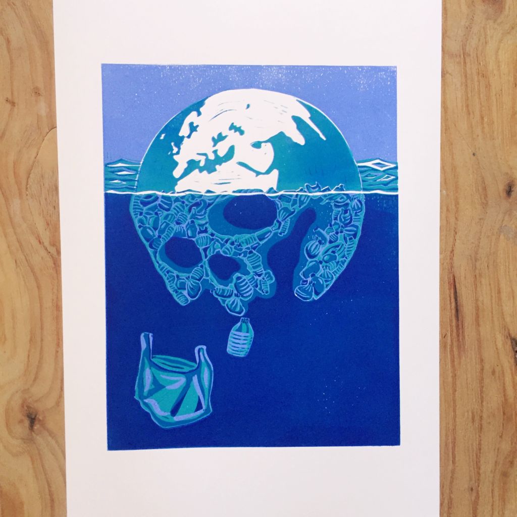 Polymer Planet, Limited edition reduction linocut print, A3